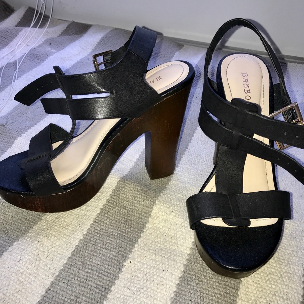 Black and wood heels